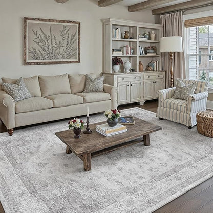 PureCozy Gray Area Rug 5x8 Washable Living Room Carpet Vintage Non Slip Soft Bedroom Indoor Office Retro Grey Low Pile Thin Oriental Medallion Large Rug for Dining Room Bathroom Kitchen