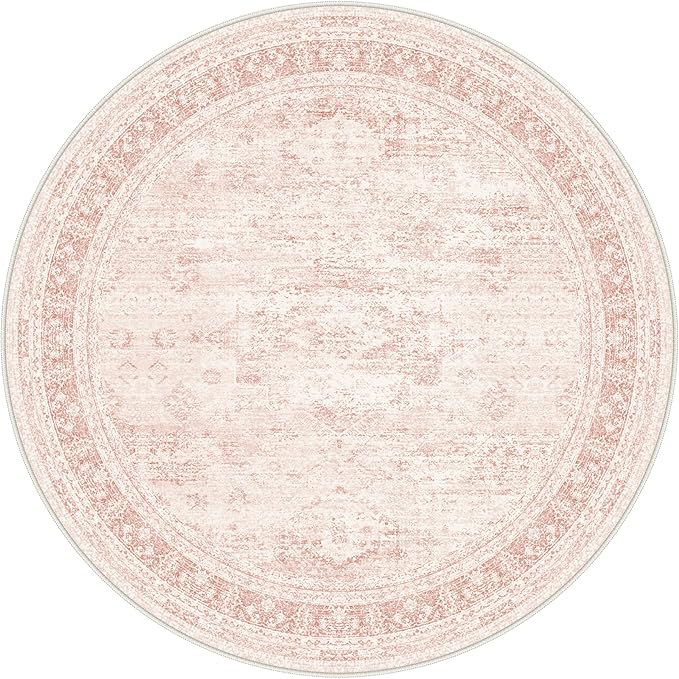 GENIMO 5FT Round Area Rugs for Living Room, Circle Rugs Machine Washable Low Pile, Chenille Non Slip Vintage Rug for Bedroom, Dining Room, Home Office, Pink