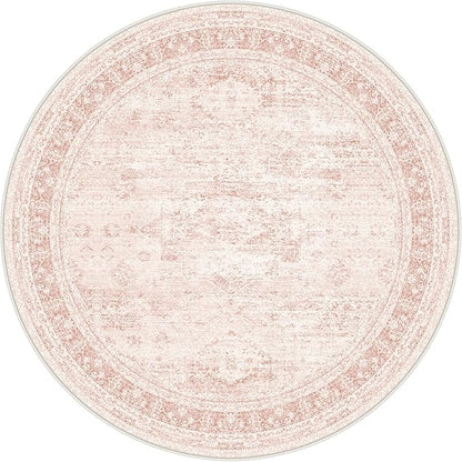 GENIMO 5FT Round Area Rugs for Living Room, Circle Rugs Machine Washable Low Pile, Chenille Non Slip Vintage Rug for Bedroom, Dining Room, Home Office, Pink