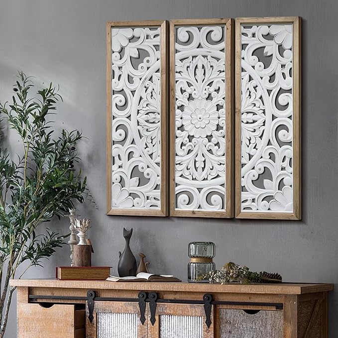 XIAOAIKA Wood Wall Art Vintage Carved Panels, Rustic Farmhouse Wall Decor with Solid Wood Frame, White Distressed Floral Scroll Design, Boho Artwork for Living Room Bedroom, Set of 3 Each 35.5" x 12"