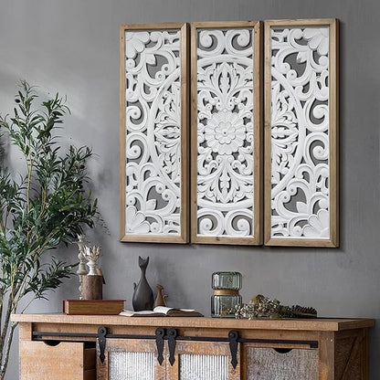 XIAOAIKA Wood Wall Art Vintage Carved Panels, Rustic Farmhouse Wall Decor with Solid Wood Frame, White Distressed Floral Scroll Design, Boho Artwork for Living Room Bedroom, Set of 3 Each 35.5" x 12"