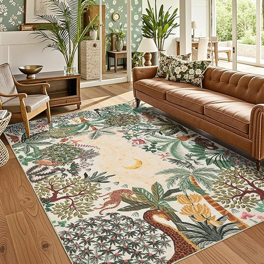 GarveeHome Area Rugs 8x10 for Living Room, Jungle Animal Large Washable Rug Soft Non Slip Backing Floor Mat Carpet Indoor Thin Accent Rug for Bedroom Dining Room Playroom Nursery Home Decor