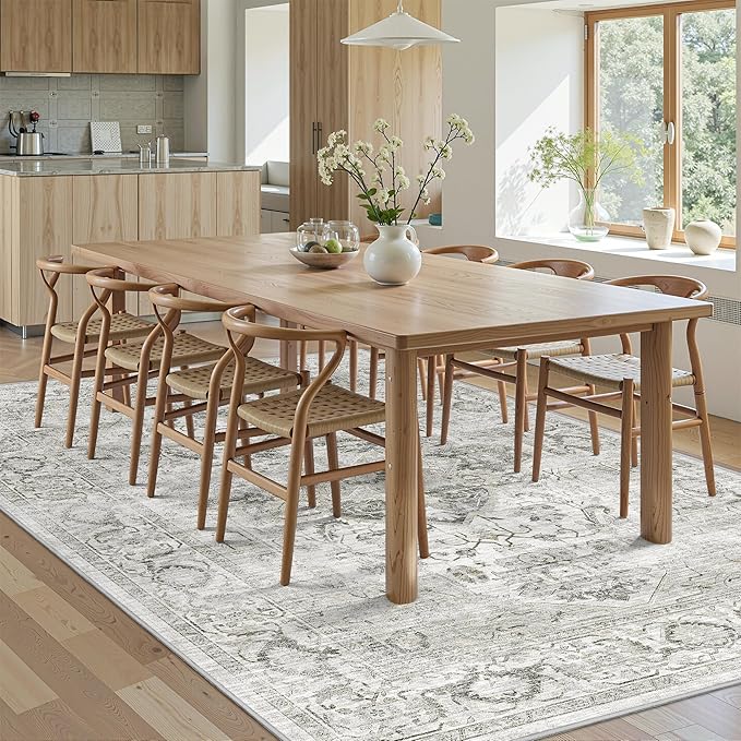 Washable 5x7 Area Rug - Soft Ultra Thin Living Room Rugs Stain Resistant Non Slip Area Rugs for Bedroom Vintage Home Decor Indoor Floor Mat (Ivory/Gray,5'x7')