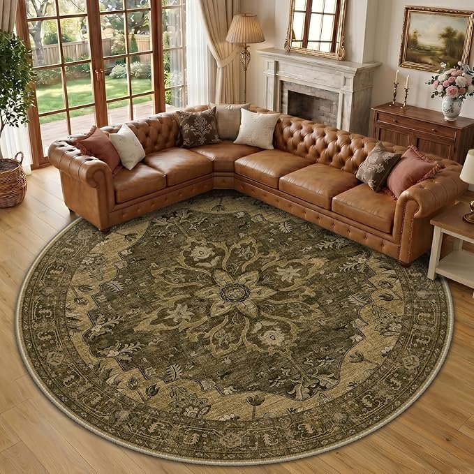 RELEANY Area Rugs Round 10ft Washable Non-Slip, Floral Vintage Distress Print Pattern Medallion Carpet for Living Room Bedroom Dining Room, Brown Dark Brown