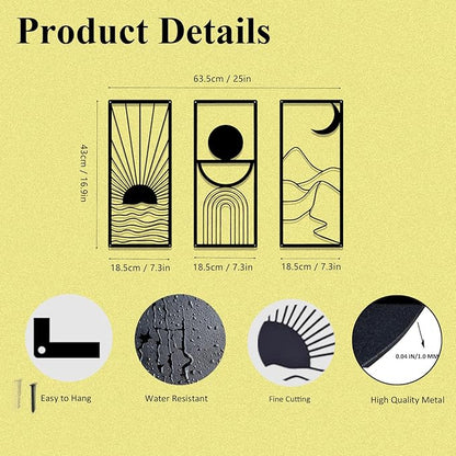 DUOOLN 3 Pcs Black Abstract Metal Wall Decor, Minimalist Decorative Single Line Art Wall hangings, Modern Geometric Sun Moon Mountain Scene Metal Wall Sculpture for Living Room Bedroom Bathroom Study Home Wall Painting