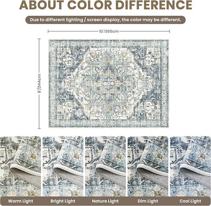 zesthome 8x10 Area Rugs-Washable Rug for Living Room, Non-Slip Backing Rugs, Stain Resistant 8x10 Rug for Bedroom, Ultra-Thin Low Pile Rugs, Vintage Large Home Decor