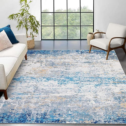 ROYHOME 5x7 Modern Abstract Faux Wool Rug Ultra-Soft Low Pile Accent Rug Stain Resistant Carpet Machine Washable Rugs for Bedroom with Non Slip Backing, Blue/Grey
