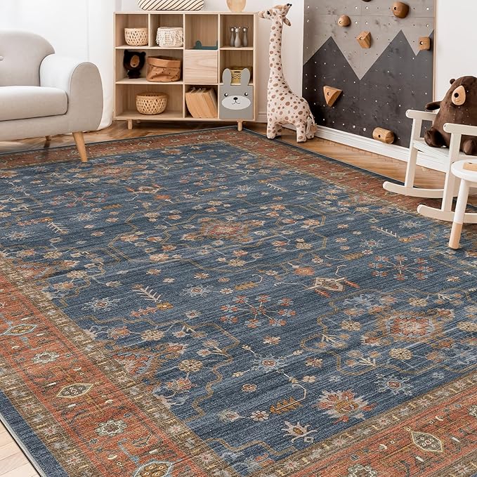 5x7 Area Rug for Living Room- Machine Washable Soft Oriental Vintage Large Indoor Floor Carpet for Bedroom Under Dining Table Home Office Decor - Blue Terracotta