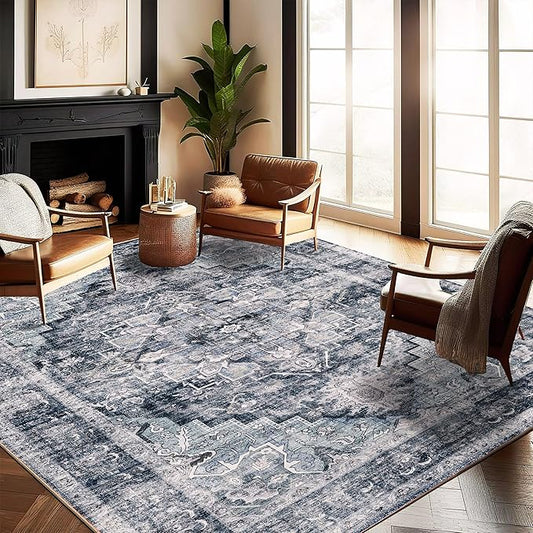 CHAMPLANT Washable Area Rug 10'x14' Dark Blue Retro Flowers Boho Design Non-Shedding Easy Care Ideal for High Traffic Areas in Living Room Bedroom Office Coffee Table Kitchen Large Carpet