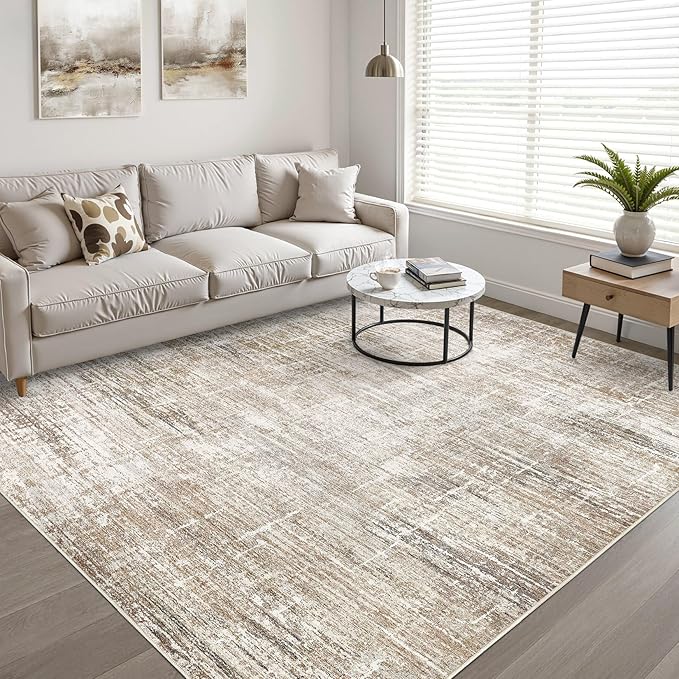 8x10 Area Rugs Living Room: Washable Large Neutral Rug Abstract Soft Modern Stain Resistant Indoor Floor Non-Slip Carpet for Bedroom Nursery Kids Office Playroom Dining Room Under Table- Dark Brown