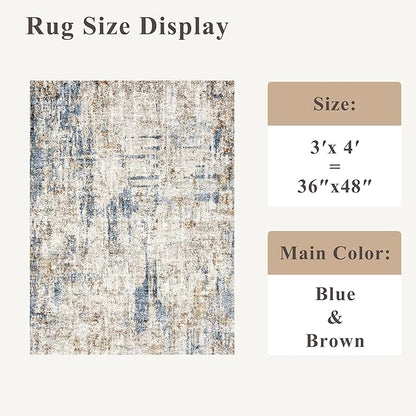 3x4 Rug Washable for Entryway - Non-Slip Modern Small Indoor Area Rug for Bathroom,Living Room，Bedroom - Abstract Neutral Soft Low-Pile Throw Mat with Rubber Backing (Blue Brown)