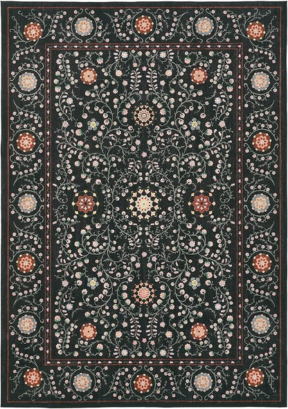 GarveeHome Boho 6x9 Area Rug for Living Room, Floral Vintage Rugs for Bedroom with Soft Low Pile, Non Slip Stain Resistant Botanical Washable Rug 6x9 for Dining Room Black Carpet for Dorm Office