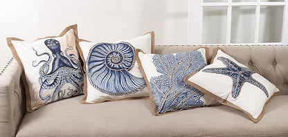 SARO LIFESTYLE Neptunian Coastal Throw Pillow – 20” x 20”, Woven Cotton Cover with Jute Trim, Zipper Closure, Down & Feather Insert – Octopus, Navy Blue
