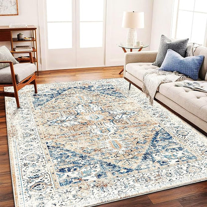 CHAMPLANT Washable Area Rug 5x7 for Living Room Retro Boho Chic Medallion Distressed Design Indoor Non-Slip Large Oriental Accent Throw Rug for Kitchen Bedroom Office Carpet