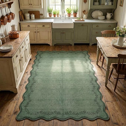 GarveeHome 3x5 Scalloped Washable Area Rug for Bedroom,Soft Solid Dark Green Entryway Rug Farmhouse Kitchen Mat Non Slip Low Pile Carpet Stain Resistant Throw Rug for Bedside Kids Room