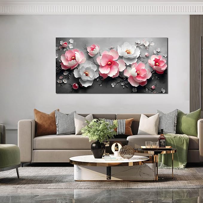 HUBOSKN Flower Canvas Wall Art for Living Room - Pink and White Room Decor for Women - Girls Bedroom Wall Decor Size 29" x 59"