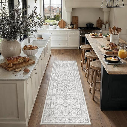 PureCozy Grey 2x7 Runner Rug Vintage Area Carpet Hallway Indoor Kitchen Washable Neutral Low Pile Traditional Distressed Gray Retro Accent Throw Rug Non Slip for Laundry Bathroom Office
