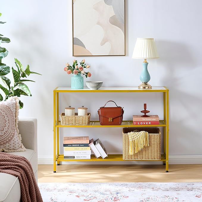 Hoctieon Gold Console Table, 3 Tier Entryway Table with Shelves, Narrow Sofa Table for Hallway, Living Room, Foyer, Office, 42" x 12", Gold and White