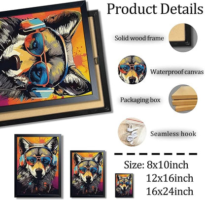 Cool Wolf Wall Art Framed Canvas Print, Wolf Wearing Sunglasses and Headphones Pop Art Poster, Vibrant Graffiti Music King Animal Painting for Boys Room Bedroom Gaming Room Home Decor 12x16 Inch