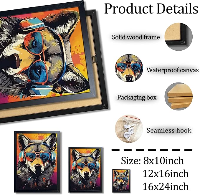 Cool Wolf Wall Art Framed Canvas Print, Wolf Wearing Sunglasses and Headphones Pop Art Poster, Vibrant Graffiti Music King Animal Painting for Boys Room Bedroom Gaming Room Home Decor 8x10 Inch
