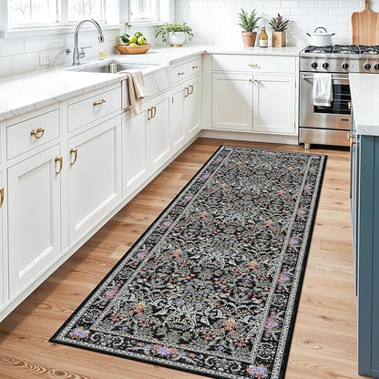 3x10 Botanical Hallway Runner Rug - Non-Slip Washable Long Kitchen Entryway Carpet Runner with Rubber Backing, Boho Floral Soft Low Pile Stain-Resistant (Vibrant Black)