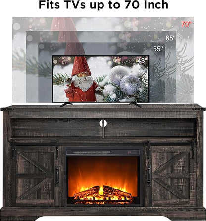 OKD Fireplace TV Stand for 65+ Inch TV, 33" Tall Highboy Farmhouse Entertainment Center w/ 23'' Electric Fireplace, Rustic Media Console w/Sliding Barn Door for Living Room, Dark Rustic Oak