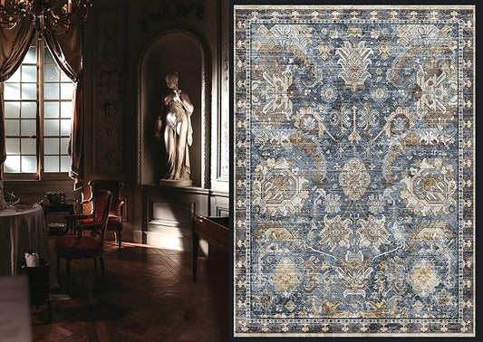 RUGSURE Washable Area Rugs - Perfect for Living Room, Bedroom, Kids Room, Nursery - Stain & Water Resistant Non-Slip, Pet & Child Friendly, Vintage Tribal Area Rugs (Navy, 3' x 5 ')