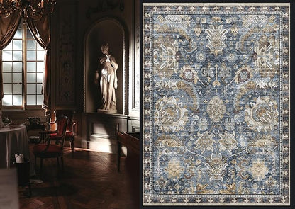 RUGSURE Washable Area Rugs - Perfect for Living Room, Bedroom, Kids Room, Nursery - Stain & Water Resistant Non-Slip, Pet & Child Friendly, Vintage Tribal Area Rugs (Navy, 9' x 12')
