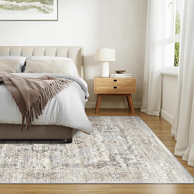 10x14 Living Room Rug - Large Washable Non Slip Vintage Rugs Low Pile Stain Resistant Distressed Carpet for Bedroom Dining Room Home Office 10'x14' Beige/Brown