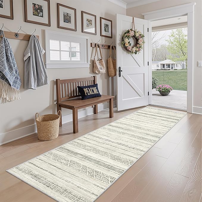 Miukiki 2x8 Runner Rug Moroccan Washable Kitchen Rug Non Slip Indoor Floor Hallway Runner Rug Foldable Carpet for Bathroom Laundry Room with Low Pile(Grey,2'x8')