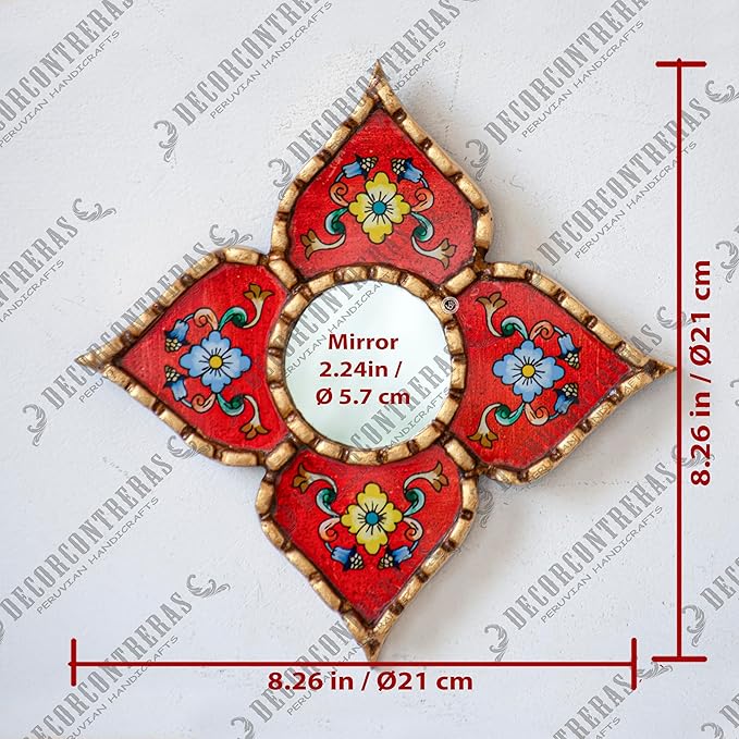 Handmade Peruvian Mirror - Reverse Painted Glass Mirror - Square or Diamond Shaped Wall Mirror with Bronze Leaf - Small Mirrors for Gallery Wall (Red)