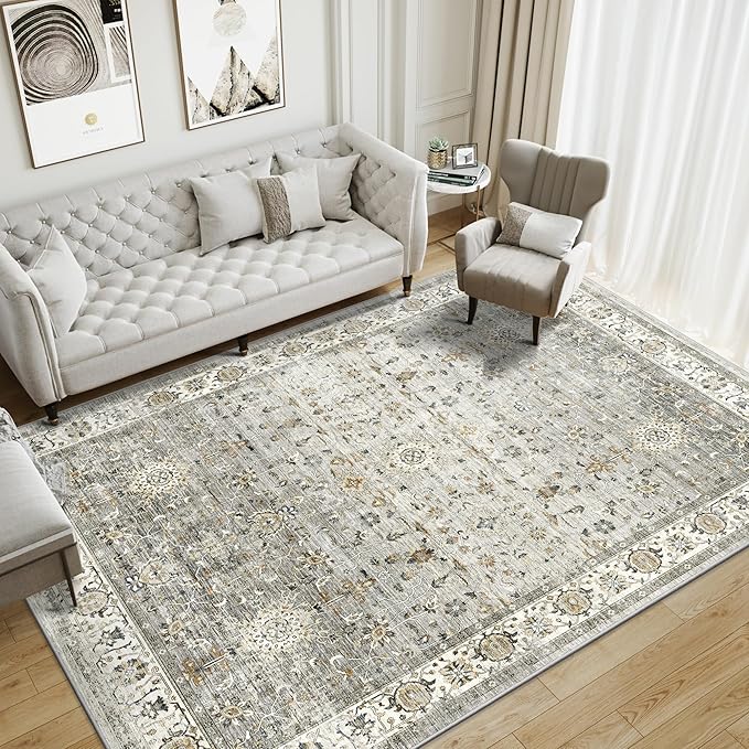 6x9 Area Rugs for Living Room, Machine Washable Non Slip Vintage Rug, Non-Slip Stain Resistant, Large Soft Home Decor Rug for Bedroom Dining Room (Ivory/Gray,6'x9')