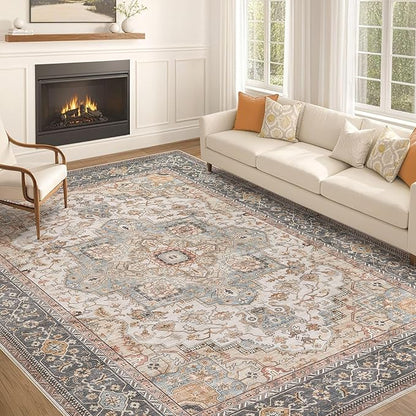 Washable Area Rugs for Living Room -10x13 Neutral Vintage Distressed Floral Farmhouse Boho Large Soft Floor Rug Indoor Non Slip Carpet for Living Room Bedroom Dining Room Office - Forest Green Orange