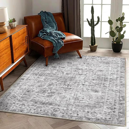 CHAMPLANT Washable Area Rug 4'x6' Vintage Traditional Floor Cover Foldable Thin Rugs Retro Kitchen Indoor Distressed Non Slip Carpet Floral Print Mat Bedroom Living Room