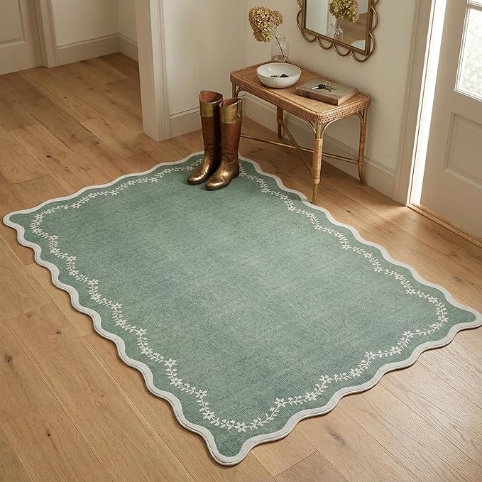 GarveeHome 3x5 Scalloped Washable Area Rug for Bedroom,Soft Sage Green Entryway Rug Non Slip Low Pile Carpet Stain Resistant Throw Rug for Bedside Kids Room Office Dining Room