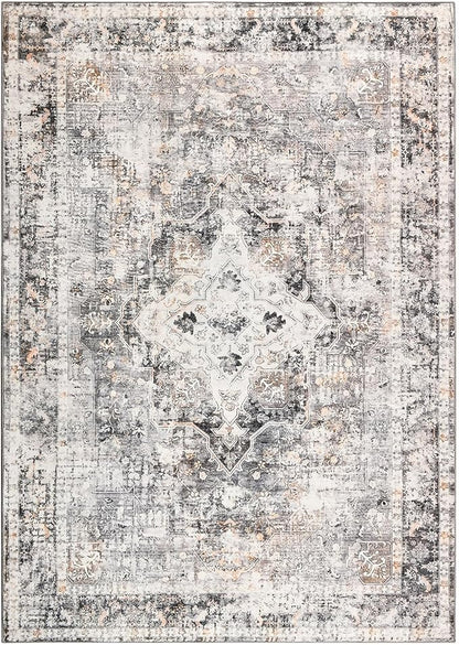 YOH Boho Washable Rug 6x9, Charcoal Gray Vintage Non Slip Area Rug, Distressed Indoor Carpet for Living Room Bedroom Kitchen Office