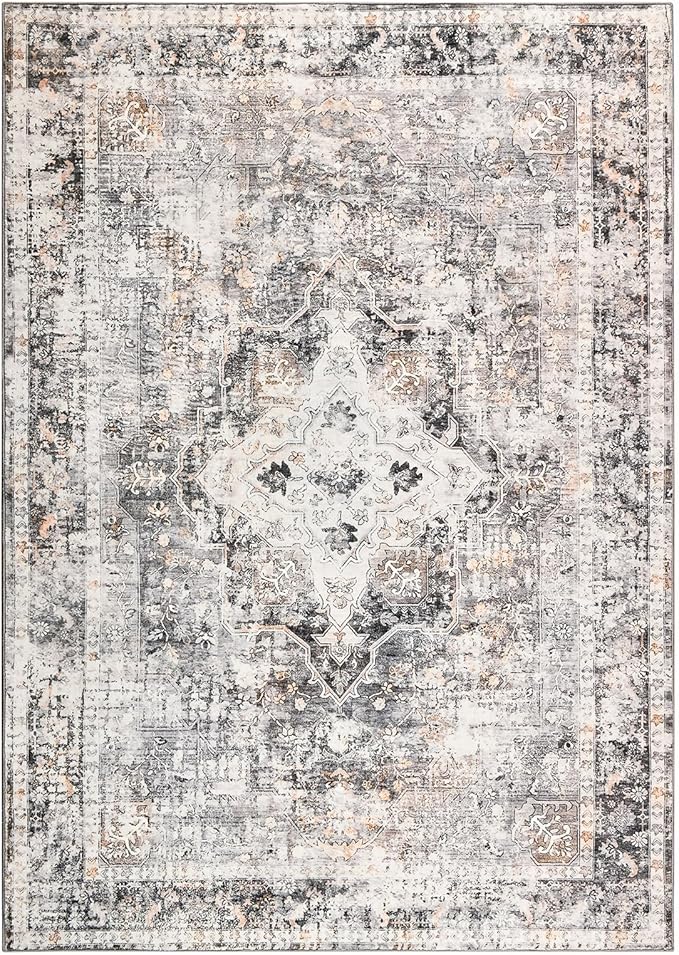 YOH Boho Washable Rug 5x7, Charcoal Gray Vintage Non Slip Area Rug, Distressed Indoor Carpet for Living Room Bedroom Kitchen Office