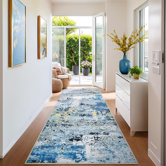 2x5 Runner Rugs for Hallways Kitchen Runner - Washable Runner Rug with Non Slip Rubber Backing, Soft Abstract Carpet Long Hallway Runners for Bedroom, Bathroom, Enterway(Blue)