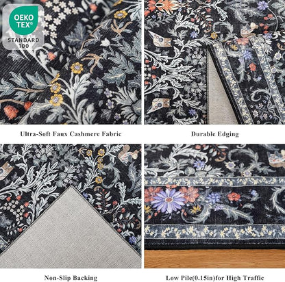 2x3 Entryway Rug Washable Non-Slip - Soft Low Pile Botanical Small Area Rug for Kitchen Bedroom - Boho Floral Indoor Door Mat with Rubber Backing (Vibrant Black, 2x3)