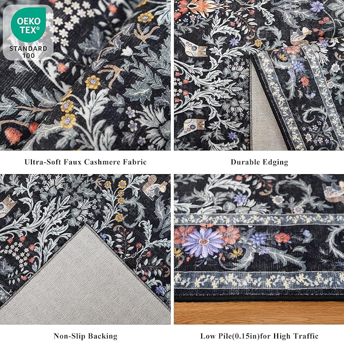 3x10 Botanical Hallway Runner Rug - Non-Slip Washable Long Kitchen Entryway Carpet Runner with Rubber Backing, Boho Floral Soft Low Pile Stain-Resistant (Vibrant Black)