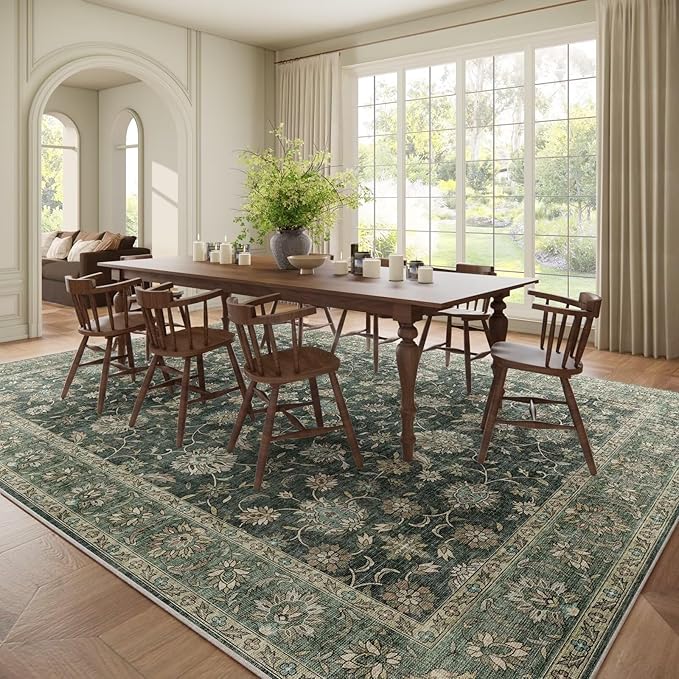 Washable 9x12 Area Rugs for Living Room, Boho Non-Slip Vintage Distress Lager Rugs for Bedroom Dining Room Nursery Office, 0.3" Neutral Oriental Throw Thin Carpet, Sage Green/Multi, E1