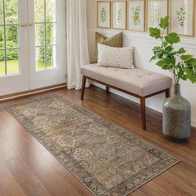 Bavni Kitchen Rug 2x8 Runner Rugs for Hallways Entryway, Washable Vintage Print Carpet, Ultra-Thin Chenille Low Pile Lightweight Rug with Non Slip Backing, Warm Taupe