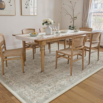 PureCozy Taupe Area Rug 9x12 Machine Washable Large Vintage Living Room Distressed Non Slip Carpet Traditional Indoor Bedroom Retro Floral Accent Throw Rug for Office Kitchen Dining Room