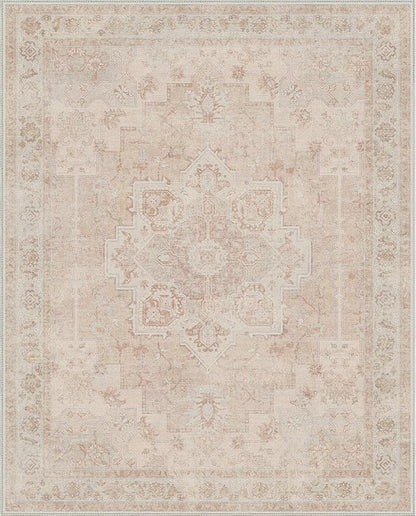 GENIMO 9x12 Area Rugs for Living Room, Machine Washable Rug, Non Slip Indoor Vintage Rug, Low Pile Lightweight Chenille Print Carpet for Bedroom Dining Room Home Office, Light Pink