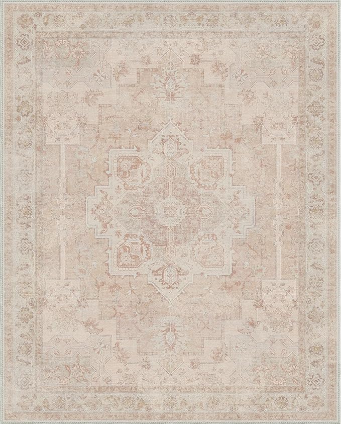 GENIMO 10x14 Area Rugs for Living Room, Machine Washable Rug, Non Slip Indoor Vintage Rug, Low Pile Lightweight Chenille Print Carpet for Bedroom Dining Room Home Office, Light Pink