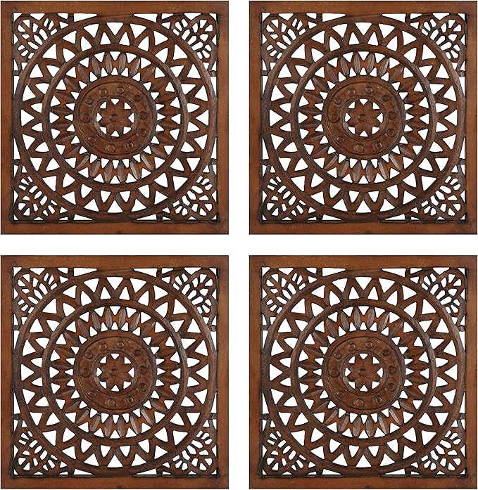 Wooden Designer Wall Hanging Plaques/Wall Plaque Wall Décor Plaques Set of 4-16x16 Inch - Burnt, Elegant Sculpture Wall Décor Panel to Enhance the Décor of Your Room or Office