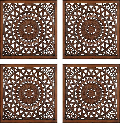 Wooden Designer Wall Hanging Plaques/Wall Plaque Wall Décor Plaques Set of 4-16x16 Inch - Burnt, Elegant Sculpture Wall Décor Panel to Enhance the Décor of Your Room or Office