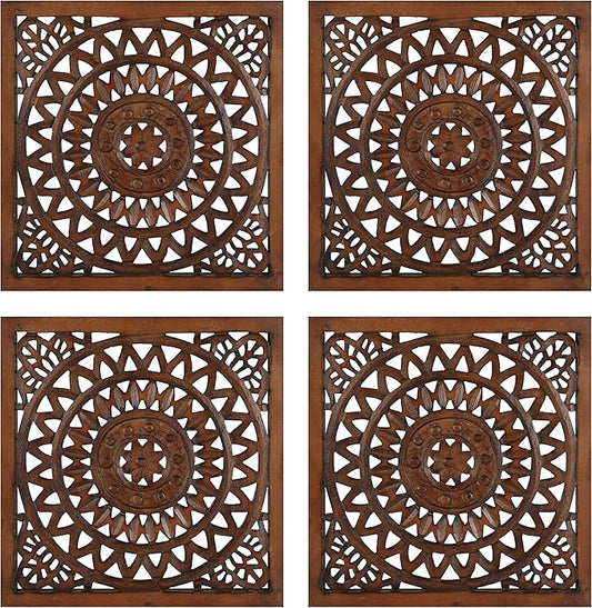 Wooden Designer Wall Hanging Plaques/Wall Plaque Wall Décor Plaques Set of 4-16x16 Inch - Burnt, Elegant Sculpture Wall Décor Panel to Enhance the Décor of Your Room or Office