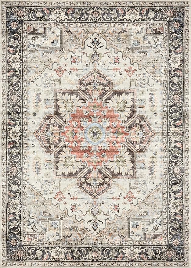 Area Rug for Living Room - 5x7 Soft Machine Washable Oriental Vintage Floral Distressed Large Indoor Floor Carpet for Bedroom Under Dining Table Home Office Decor - Multi Cream