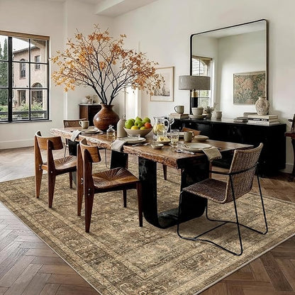 5x7 Brown Washable Area Rugs for Living Room Non Slip Low Pile Vintage Boho Throw Rug Soft Retro Distressed Floral Carpet Indoor Farmhouse Decor for Bedroom Dining Room Office Kitchen Playroom
